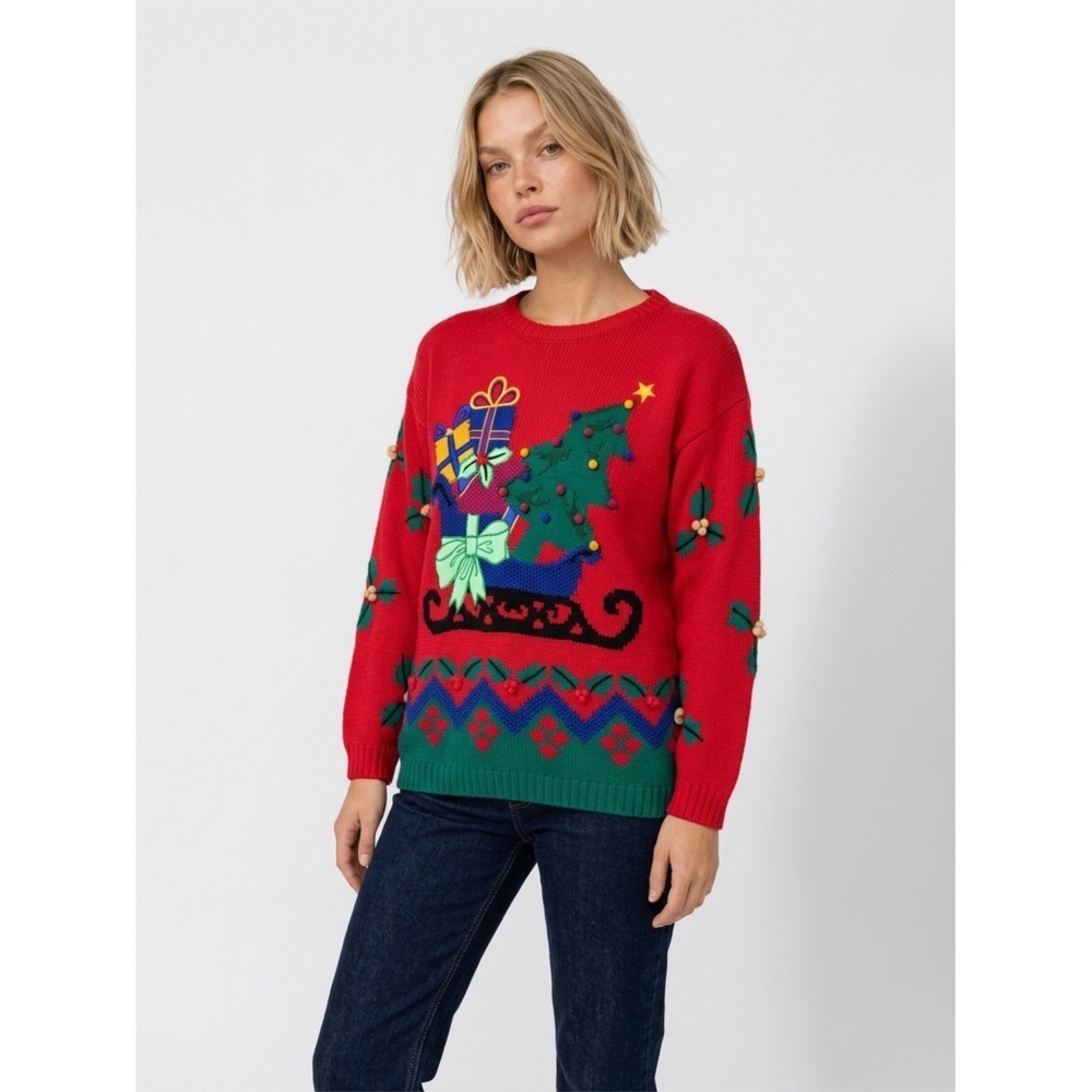 Vintage Preppy Old Money Ugly Christmas Sweater Sleigh Tree Hand Knit 90s M